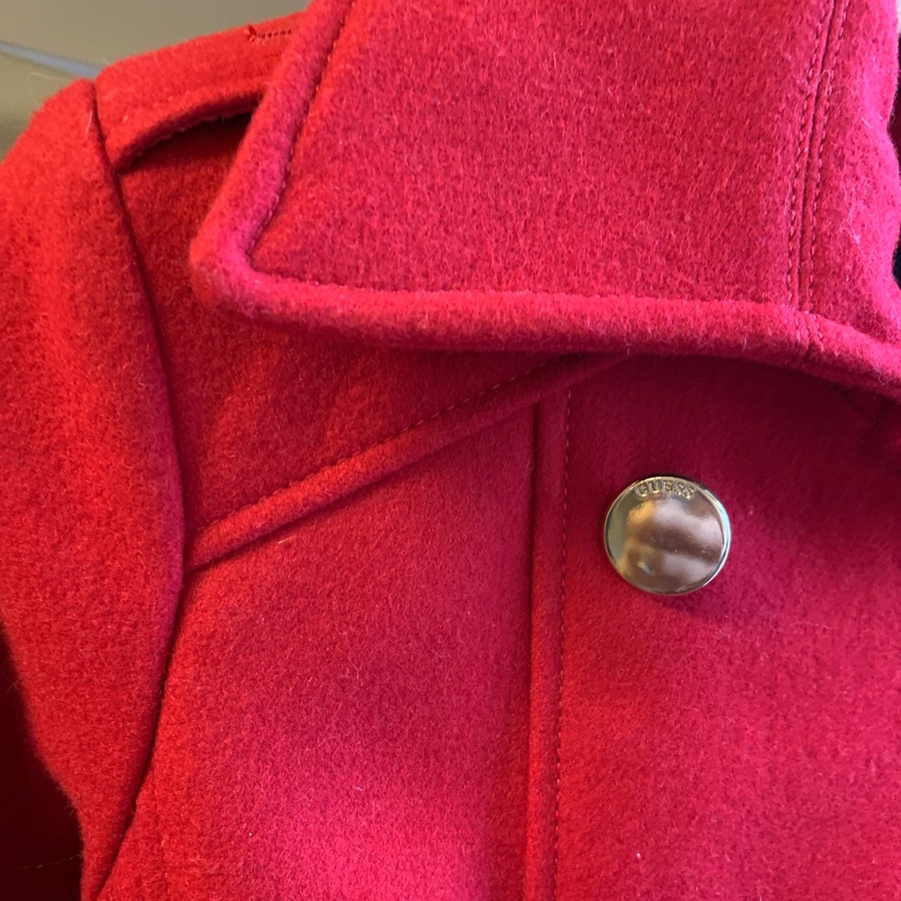 Beautiful ruby red wool Guess women’s midlength dress coat.